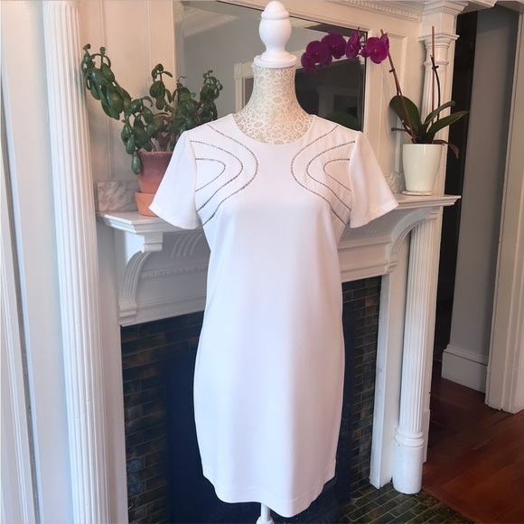 DIANE VON FURSTENBERG White Cecilia Ladder Stitch Short Sleeve Shift Dress Sz 4 - Picture 3 of 16